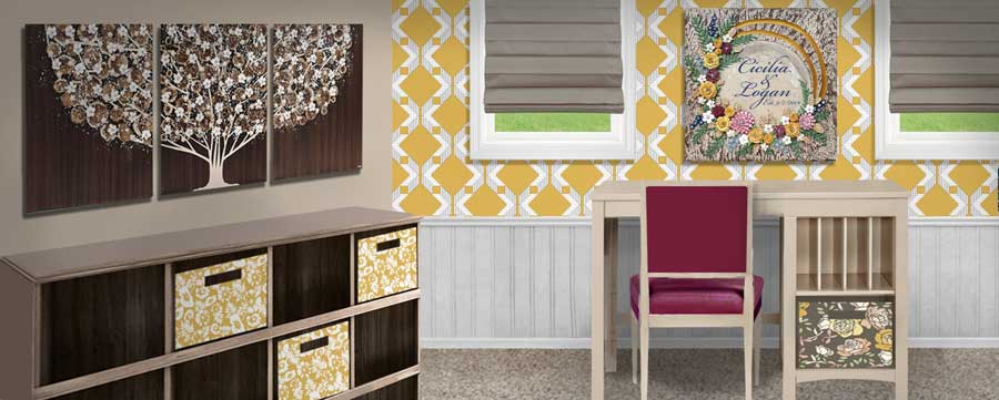yellow and earth tone art and surface patterns in office setting