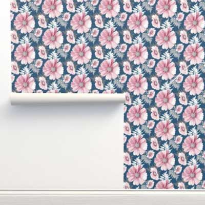 Wallpaper with pink cosmos floral on blue