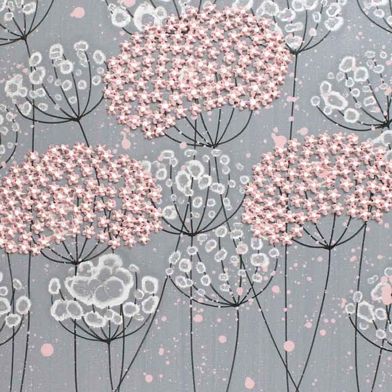 Texture on big nursery art of pink and gray flowers on 3 canvases