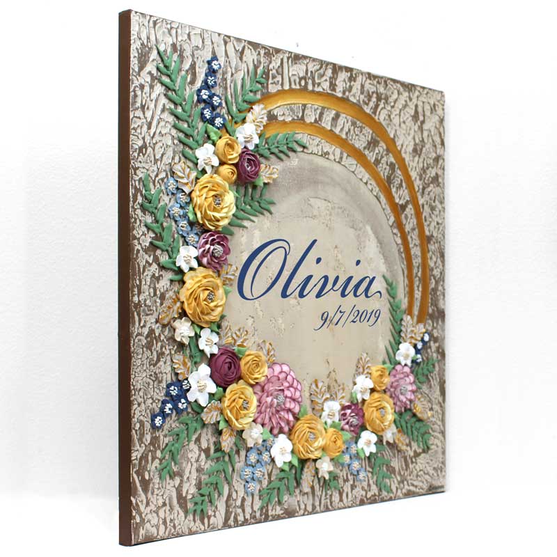 Side view of rustic floral baby name nursery art