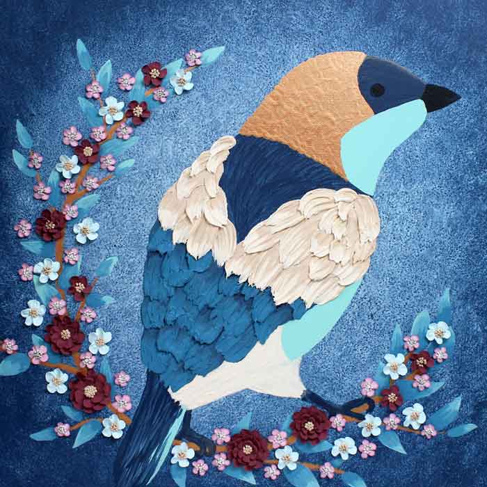 Center view of painting of bird on indigo flower branch