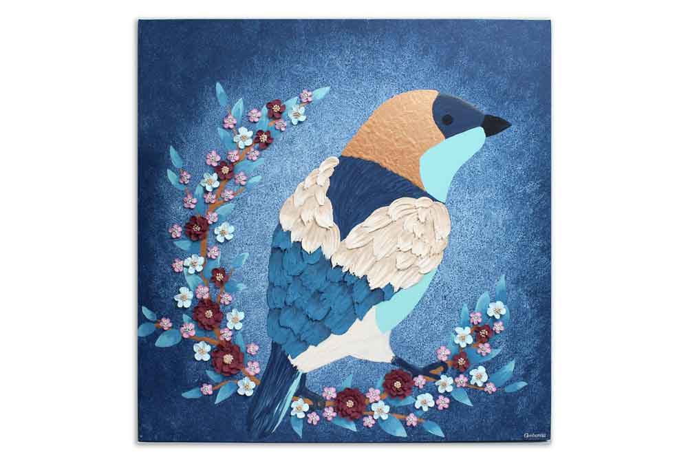 Full view of painting of bird on indigo flower branch