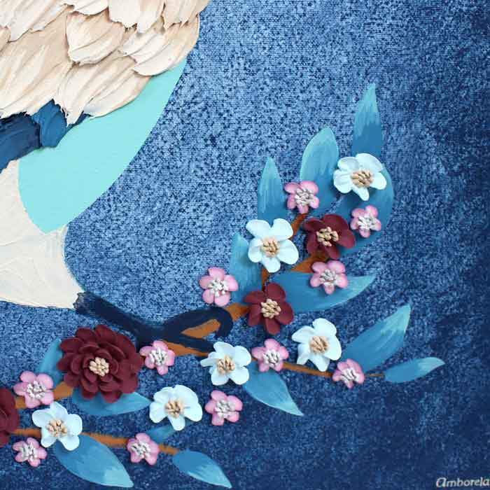 Background of painting of bird on indigo flower branch