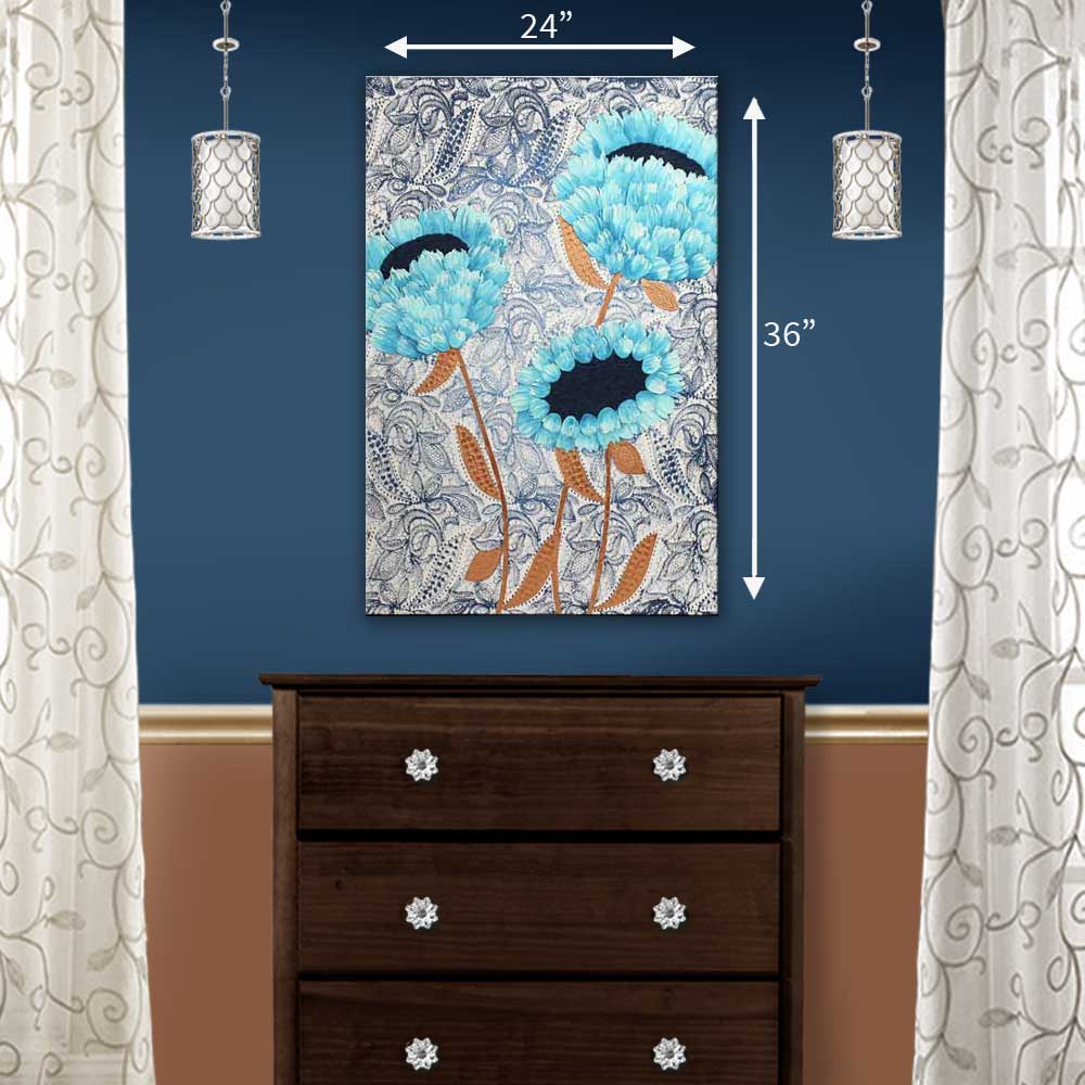 Size guide for wall art with blue and copper feather flowers