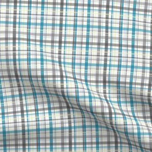 Fabric with madras plaid in blue, green and gray