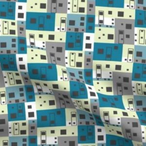 Fabric & Wallpaper: Cityscape of Building Blocks in Blue, Green
