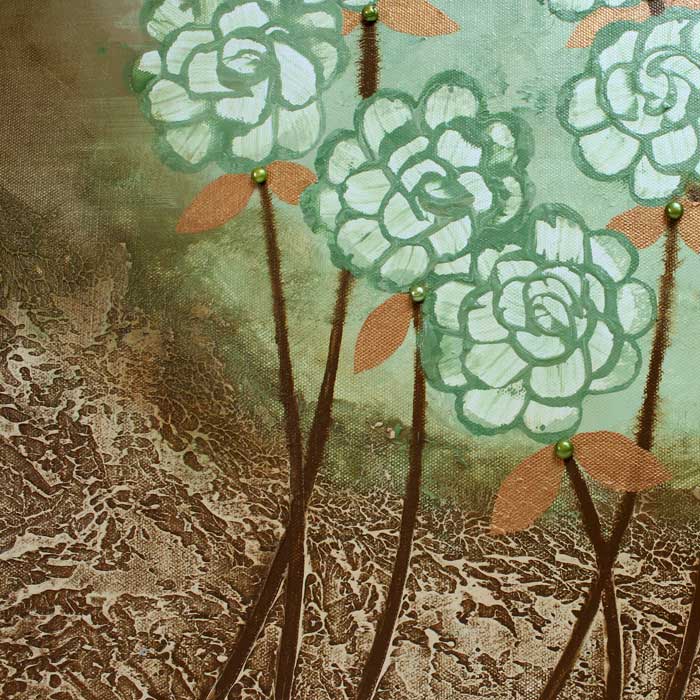 Center view of woodland flowers in green and copper painting