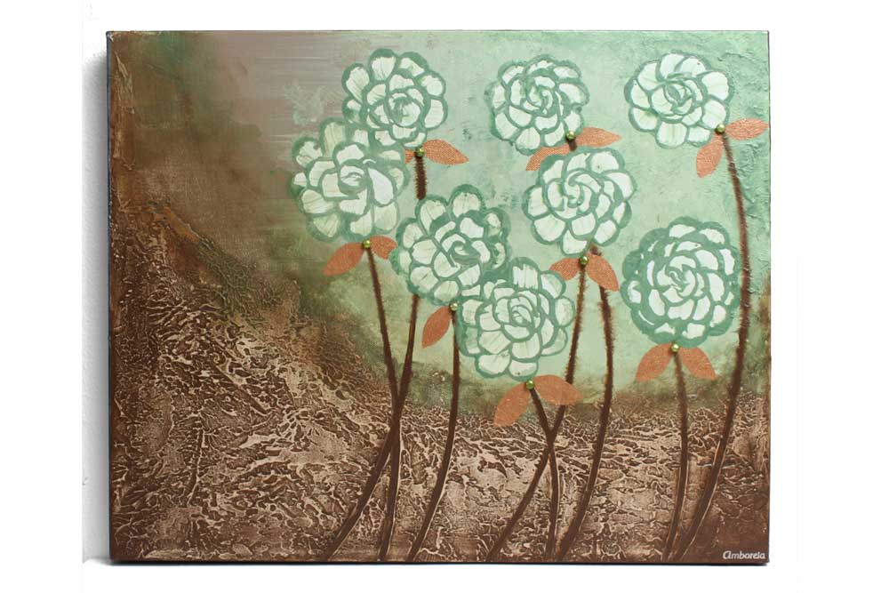 Full view of woodland flowers in green and copper painting