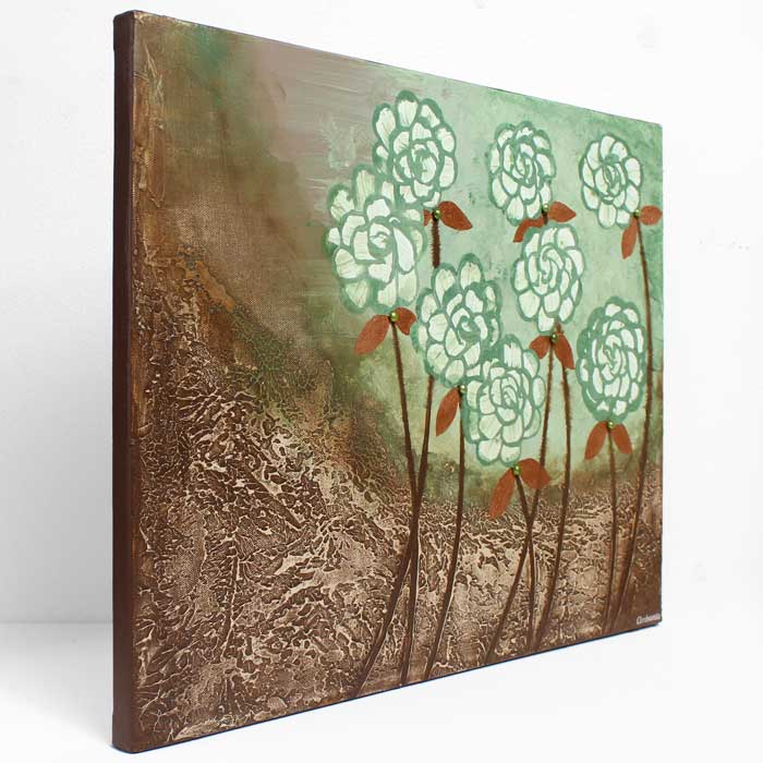 Side view of woodland flowers in green and copper painting