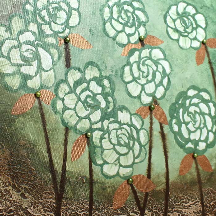 Textures on woodland flowers in green and copper painting