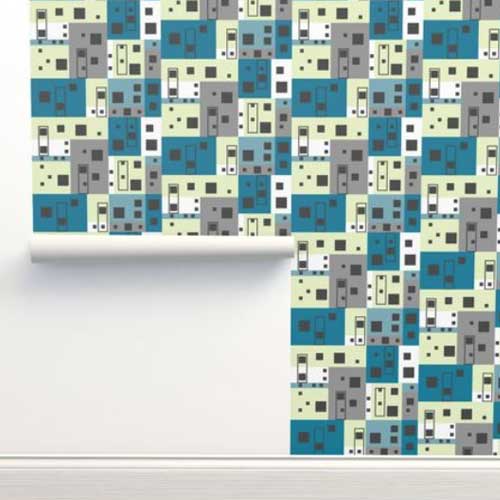 Wallpaper with a cityscape of blocks in blue and green