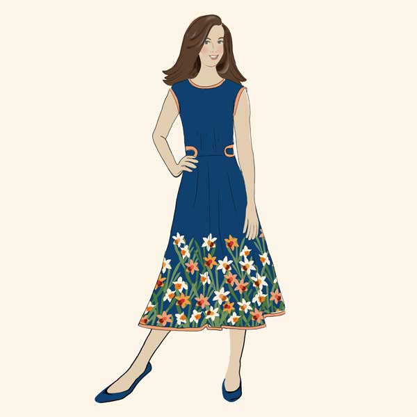 Dress with border of orange and white daffodils on navy