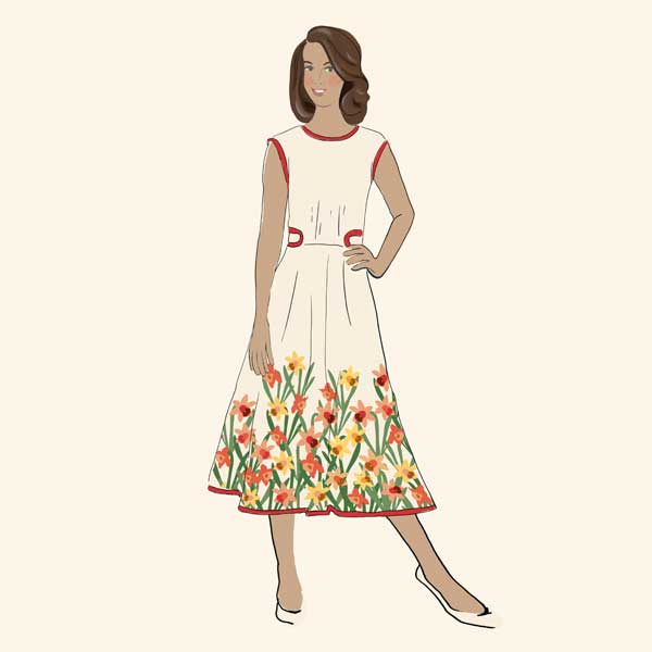 Dress with border of orange and yellow daffodils on cream