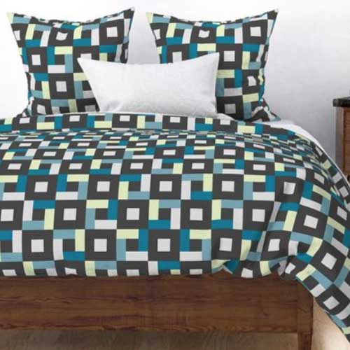 Duvet with large blocks in blue and gray