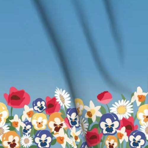 Large border fabric of wonderland flowers on blue