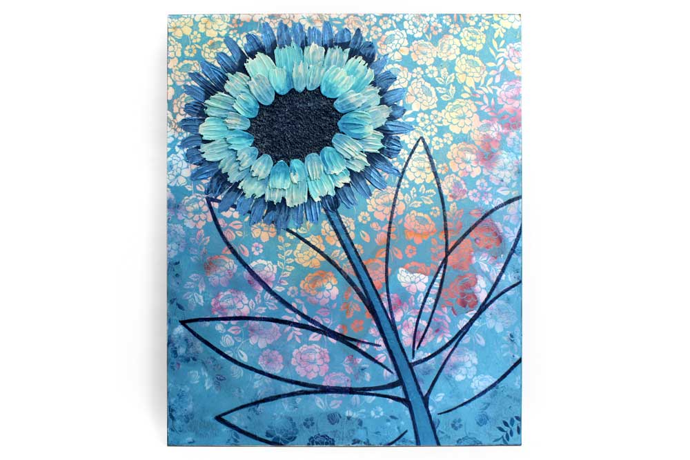 Front view of painting of blue sunflower