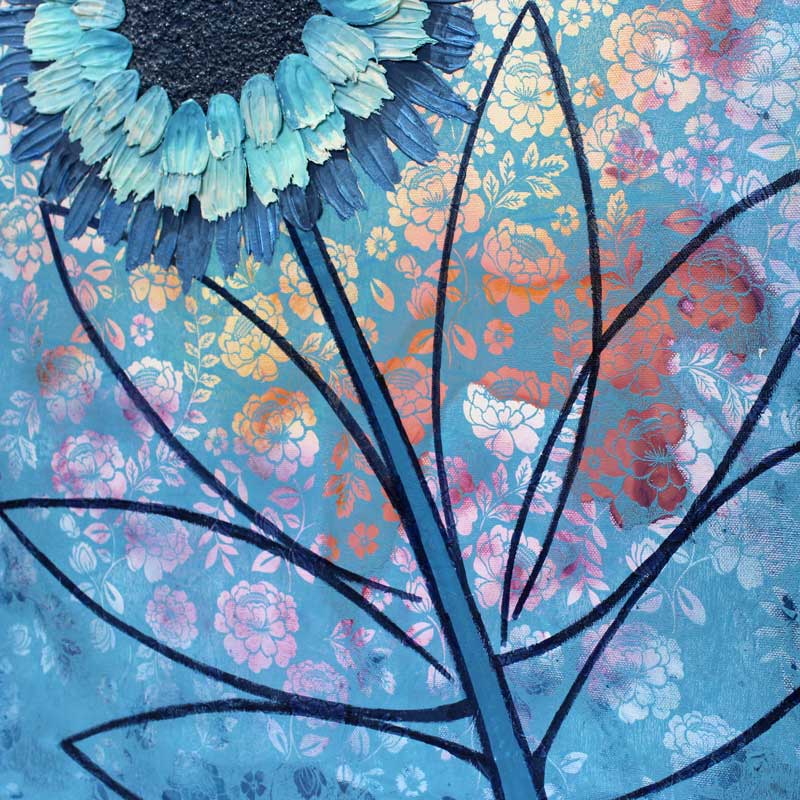 Center view of painting of blue sunflower