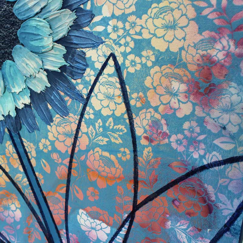 Details on painting of blue sunflower