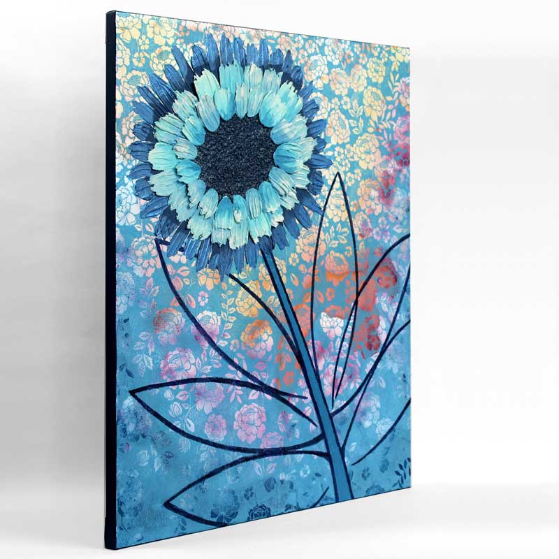Side view of painting of blue sunflower