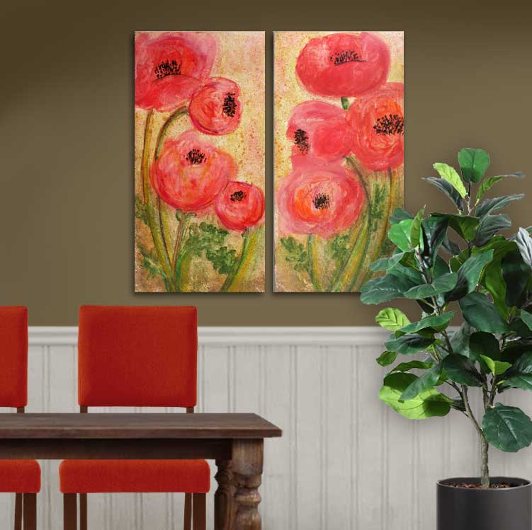 Painting of warm toned poppies in dining room setting