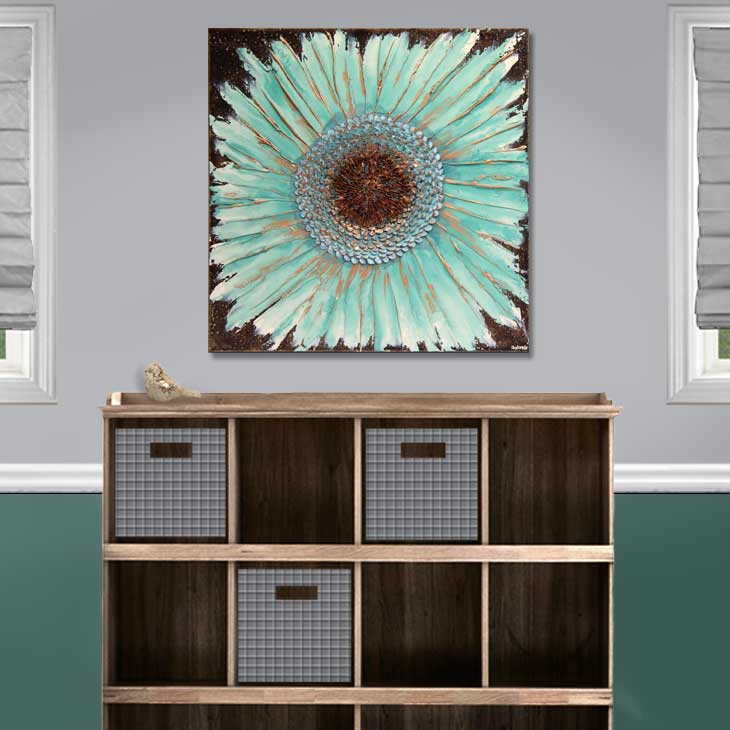 Teal sunflower painting above bookshelf setting