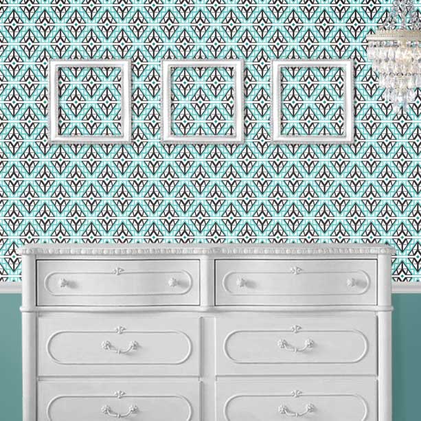 Teal and gray diamond patterned wallpaper in bedroom setting