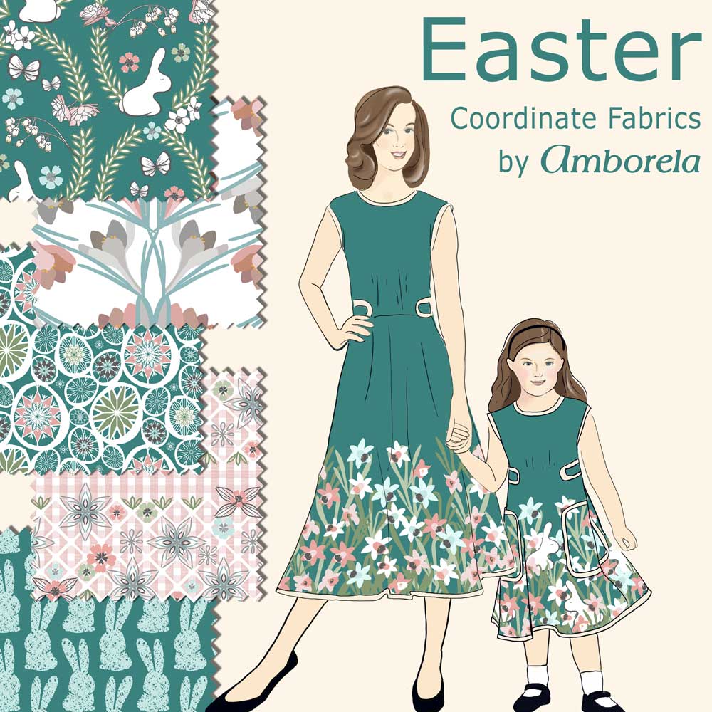 Teal daffodil Easter dress fabric for mother daughter dresses