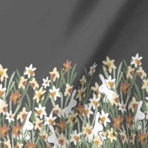 Fabric: Border of White Rabbits in Daffodils on Gray
