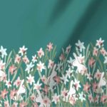 Fabric: Border of White Rabbits in Pink Daffodils on Teal