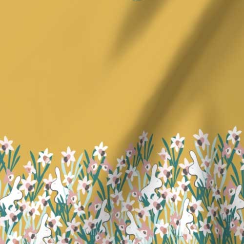 Yellow border fabric of bunnies hiding in daffodils