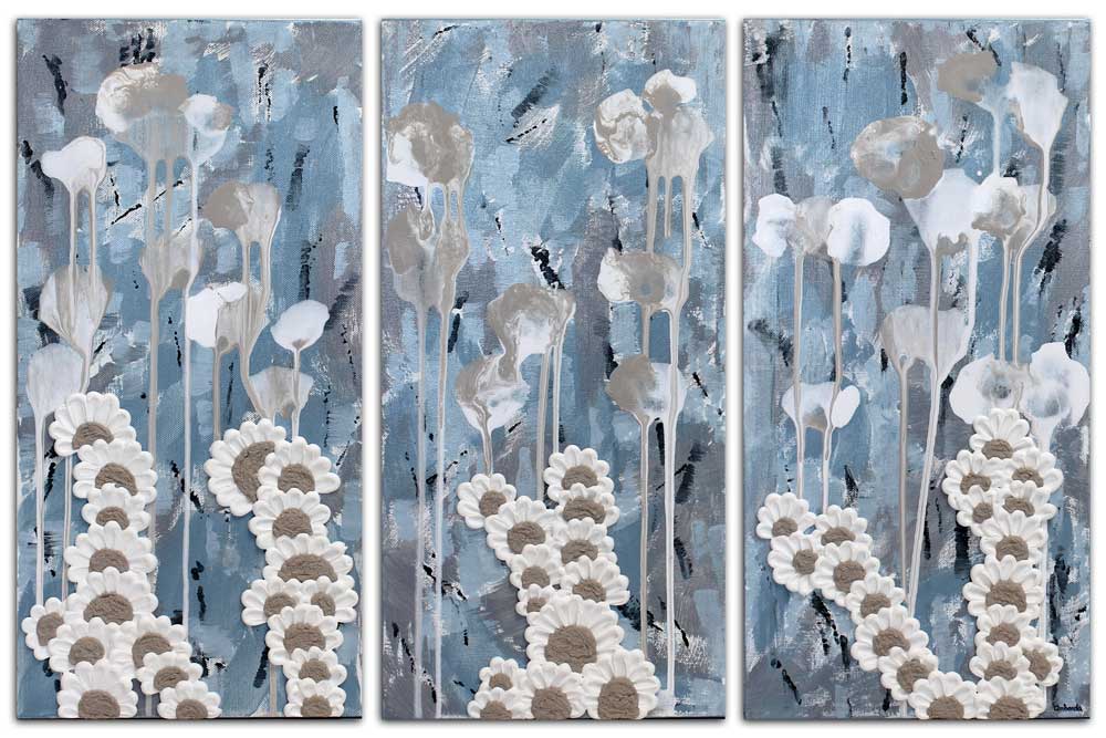 Front view of triptych art with blue abstract ocean
