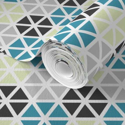 Wallpaper roll in geo hexagon mix of blue, gray, green