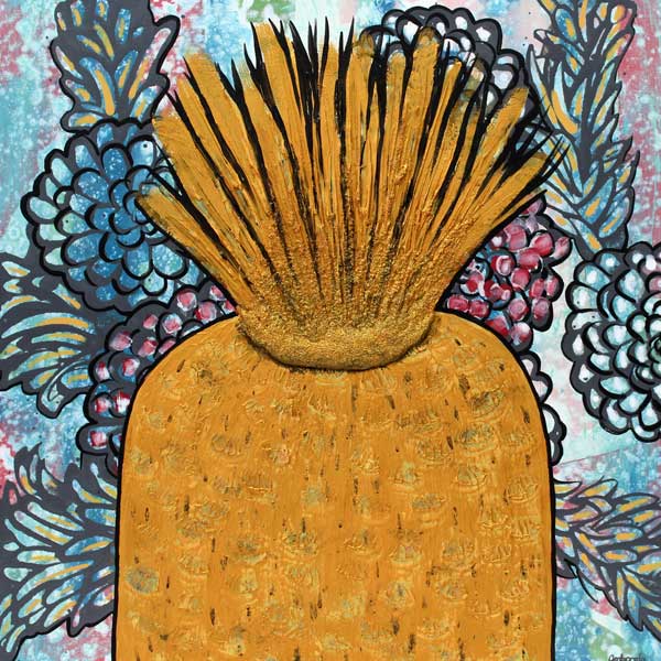 Amborela painting with golden pineapple on tropical flower background