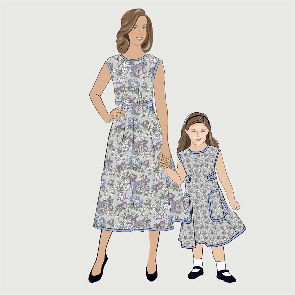 Mother and daughter dress model for gray and purple rose fabric