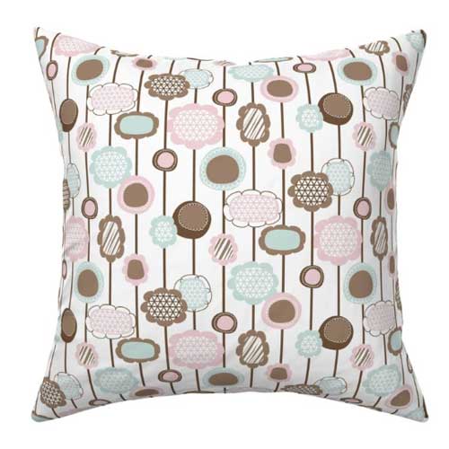 Pillow with pink, teal, and taupe lollipop flowers