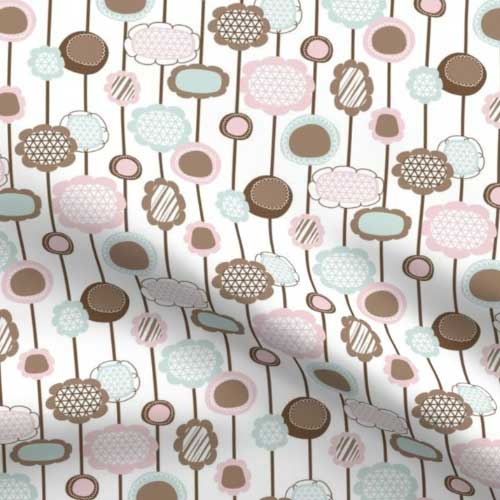 Fabric with pink, teal, and taupe lollipop flowers
