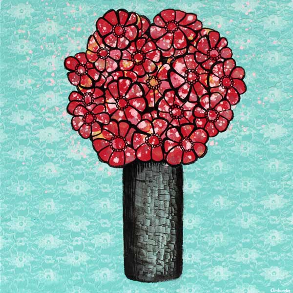 Amborela painting with red anemone flowers in vase on teal lace