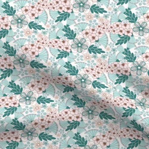 Spring floral fabric with pink and teal fan flowers