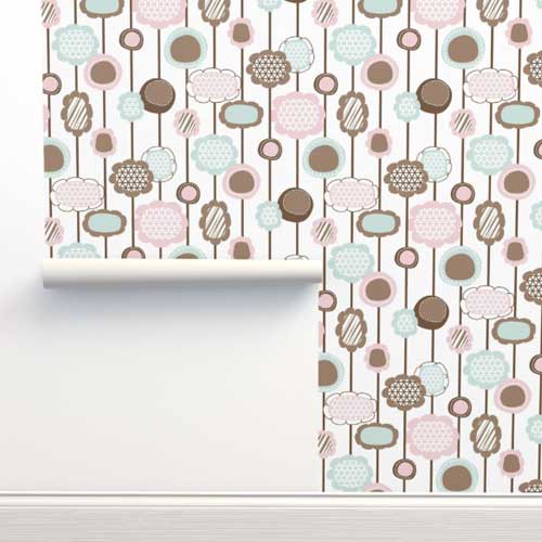Wallpaper with pink, teal, and taupe lollipop flowers