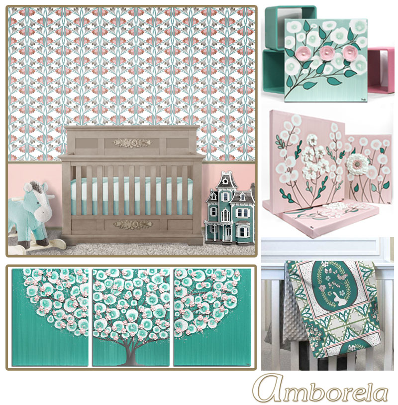 Collection of French gray, teal, and pink paintings, wallpaper, and baby blankets