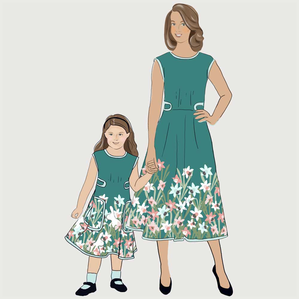 mother and daughter easter dress fabric with daffodils on teal