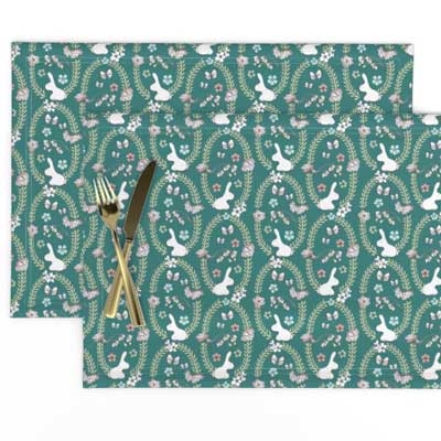 Placemats with Easter bunny print in teal by Amborela