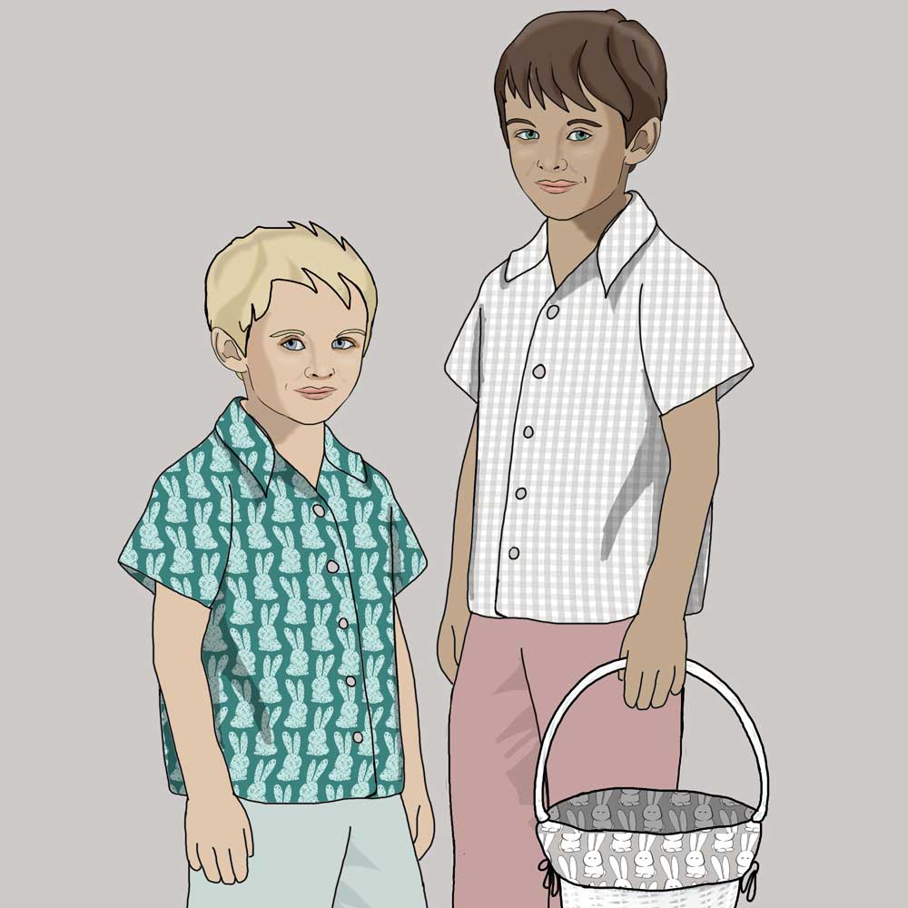Drawing of boys modeling Easter shirting fabric by Amborela