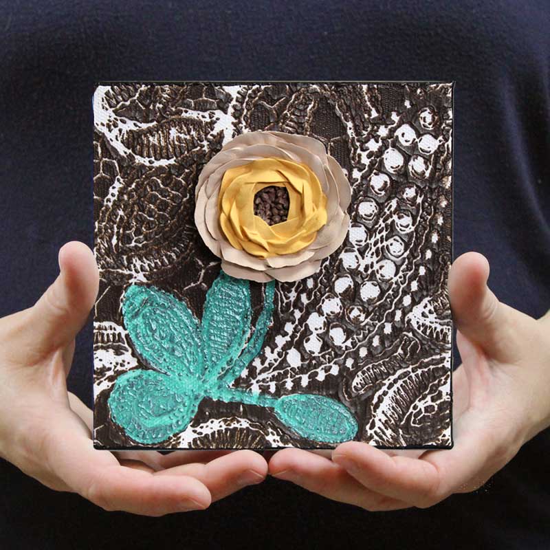 Mini canvas art of sculpted flower as a new painting in amborela Etsy shop