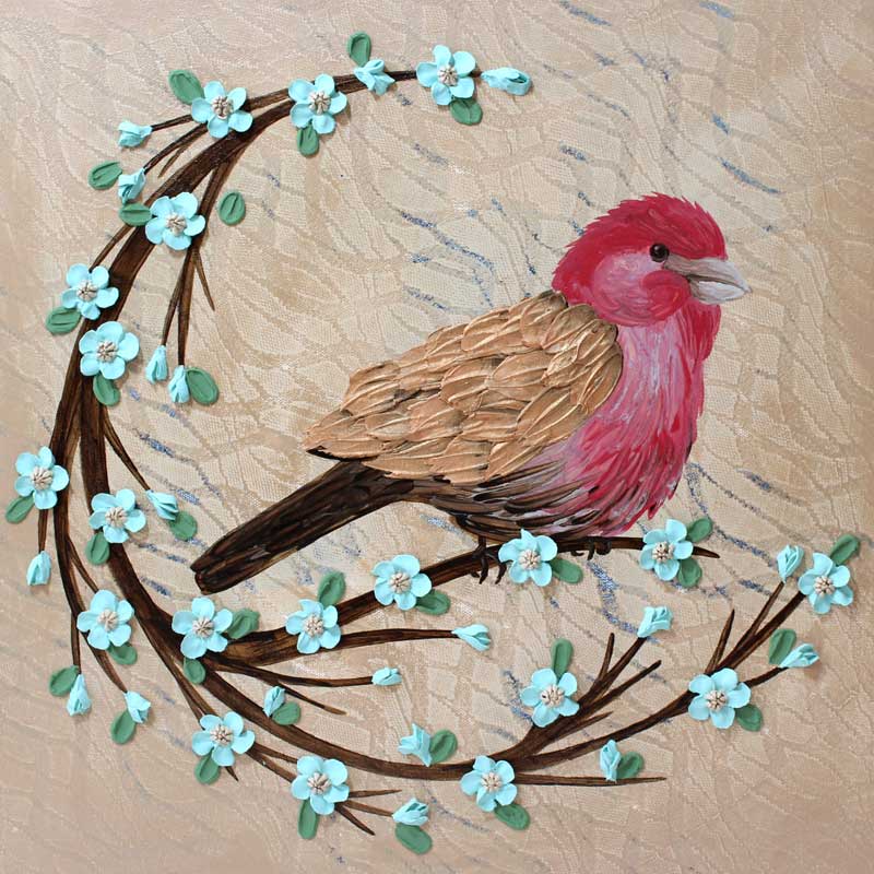 Center view of painting of red finch bird on a 3d blooming branch in tan and robins egg blue