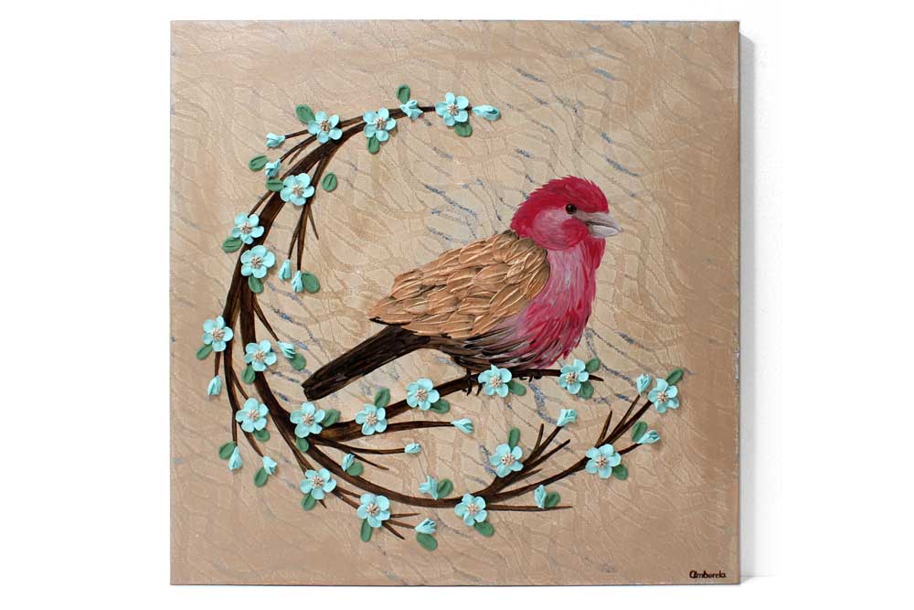 Front view of painting of red finch bird on a 3d blooming branch in tan and robins egg blue