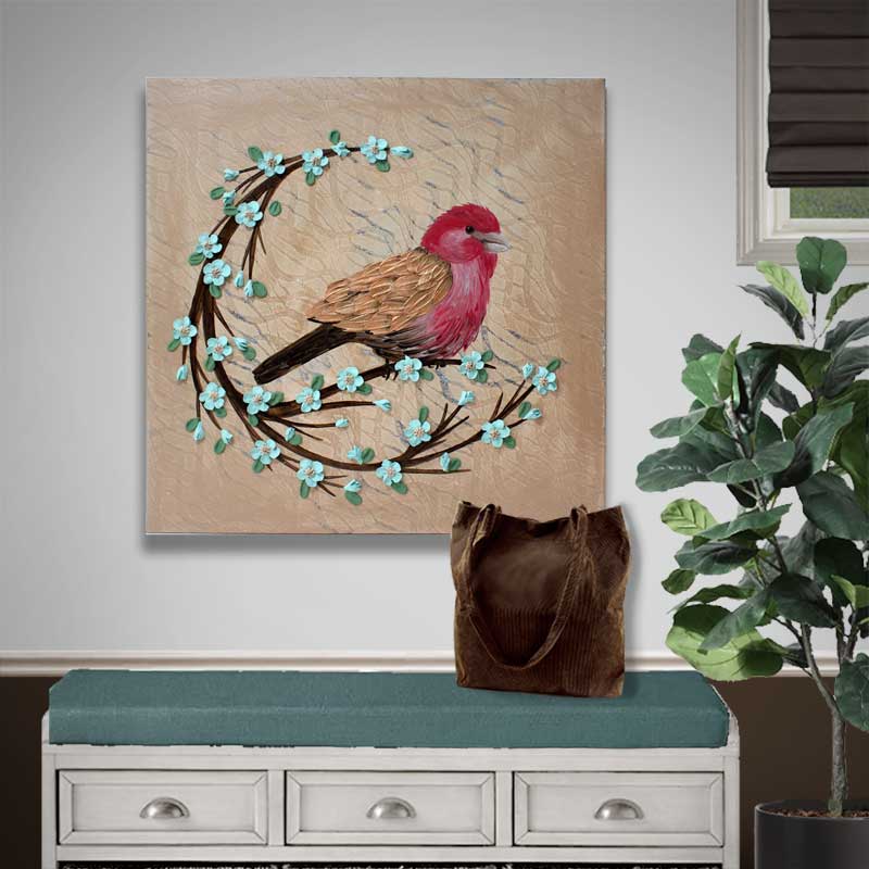 Setting view of painting of red finch bird on a 3d blooming branch in tan and robins egg blue