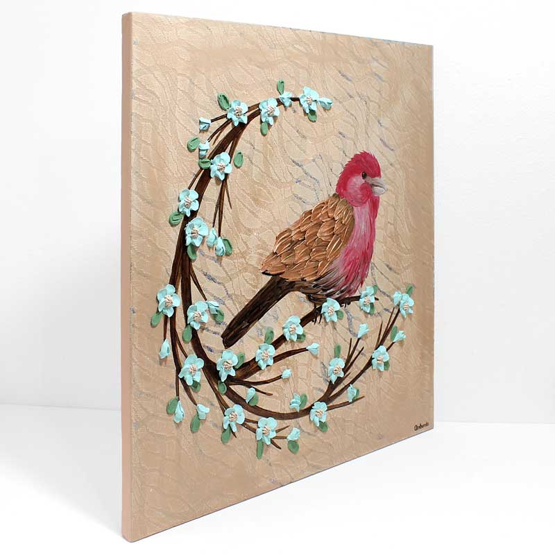 Side view of painting of red finch bird on a 3d blooming branch in tan and robins egg blue