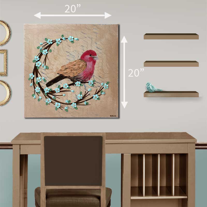 Size guide for 20x20 painting of red finch bird on a 3d blooming branch in tan and robins egg blue