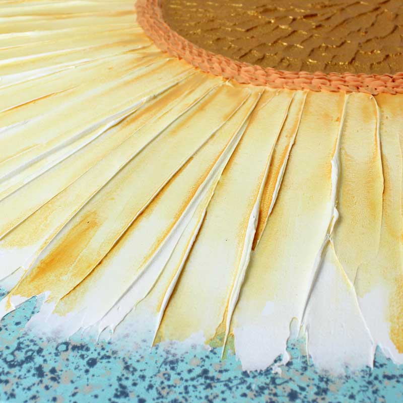 Center view of golden sun painting with robins egg blue background